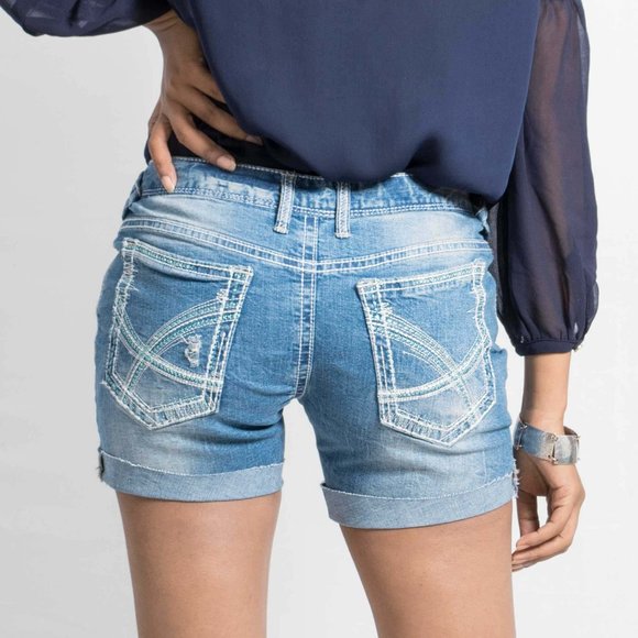 OLGYN Women’s Stretch Light Blue Denim Shorts - Picture 2 of 3